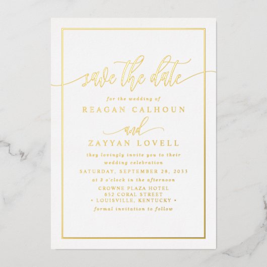 White and Gold Calligraphy Save the Date Foil Card Folieneinladung (Vorderseite)