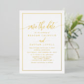 White and Gold Calligraphy Save the Date Foil Card Folieneinladung (Stehend vorne)