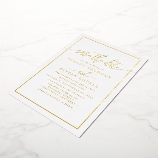 White and Gold Calligraphy Save the Date Foil Card Folieneinladung (Gedreht)