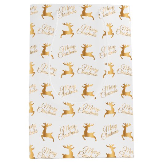 White and Gold Christmas Reindeers Mittlere Geschenktüte (Vorderseite)