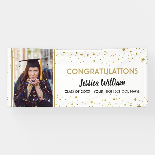 White and Gold Confetti Graduate Foto Abschluss Banner (Horizontal)