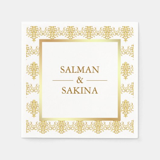 White and Gold Damask Hochzeit Serviette (Vorderseite)
