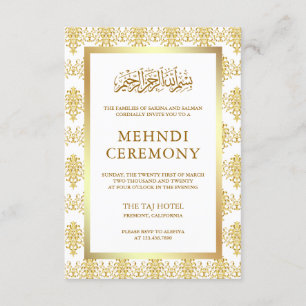 White and Gold Damask Islamic Mehndi Begleitkarte