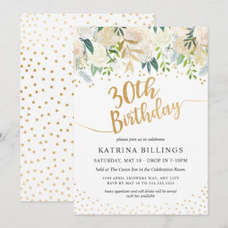 White and Gold Floral 30. Geburtstag Party Einladung