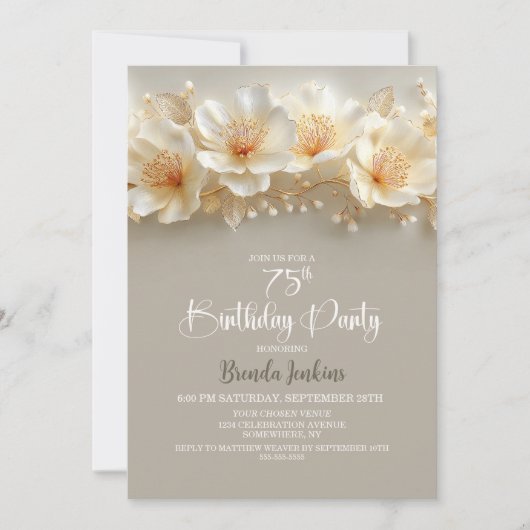White and Gold Floral 75th Birthday Party Einladung (Vorderseite)