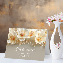 White and Gold Floral Love and Thanks Wedding Dankeskarte