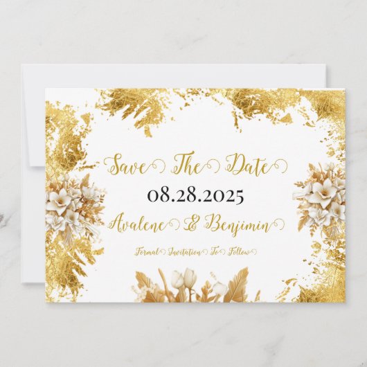 White and Gold Florals Wedding speichern die Datum Einladung (Vorderseite)