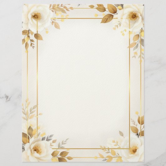 White and Gold Flowers and Double Frame Stationery Briefbogen (Vorderseite)