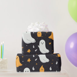 White and Gold Ghosts Stars Black Halloween Geschenkpapier