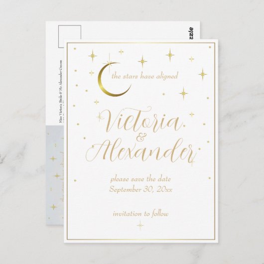 White and Gold Modern Minimal Celestial Rett Date Postkarte (Vorne/Hinten)