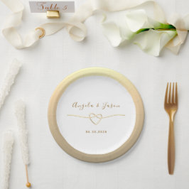 White and Gold Monogram Heart Wedding Pappteller