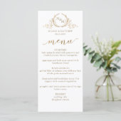 White and Gold Monogram Wedding Double-sided Menu Menükarte (Stehend Vorderseite)
