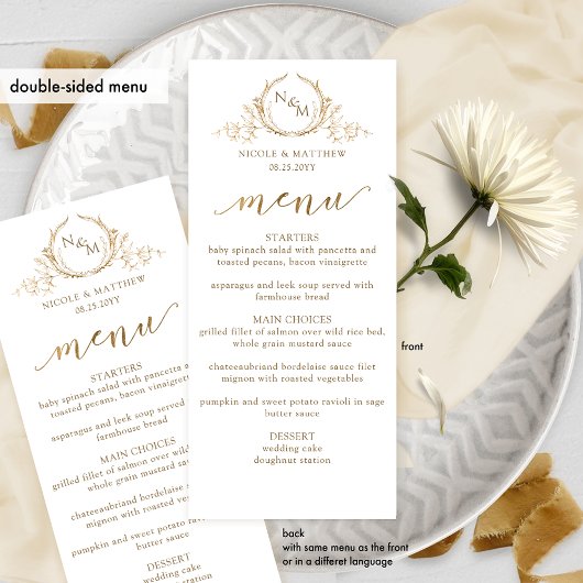 White and Gold Monogram Wedding Double-sided Menu Menükarte