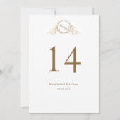 White and Gold Monogram Wedding Tischnummer (Rückseite)
