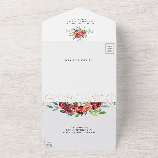 White and Gold Pumpkin Burgundy Floral Wedding All In One Einladung (Außenbereich)