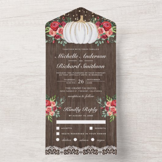 White and Gold Pumpkin Burgundy Floral Wedding All In One Einladung (Innen Boden)