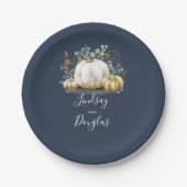 White and Gold Pumpkin Fall Harvest Navy Blue Pappteller (Vorderseite)