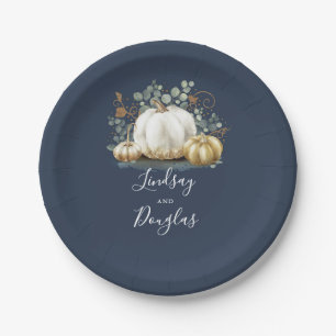 White and Gold Pumpkin Fall Harvest Navy Blue Pappteller