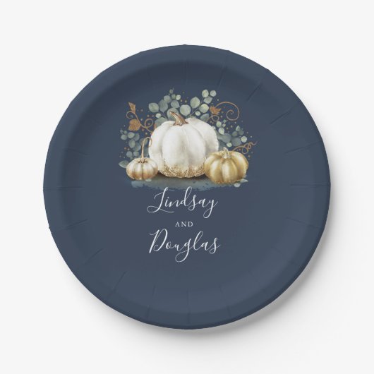 White and Gold Pumpkin Fall Harvest Navy Blue Pappteller (Vorderseite)