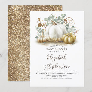 White and Gold Pumpkins Fall Baby Dusche Einladung