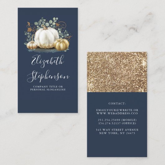 White and Gold Pumpkins Fall Harvest Navy Blue Visitenkarte (Vorne/Hinten)