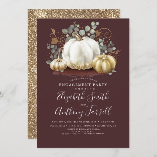 White and Gold Pumpkins fallen Engagement Party Einladung (Vorne/Hinten)