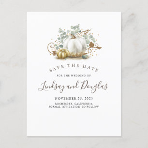 White and Gold Pumpkins fallen Save the Date Ankündigungspostkarte