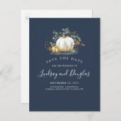 White and Gold Pumpkins fallen Save the Date Ankündigungspostkarte (Vorne/Hinten)