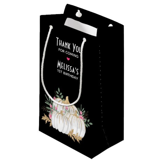 White and Gold Pumpkins Wasserfarbe Vielen Dank Kleine Geschenktüte (Vorderseite Schrägansicht)