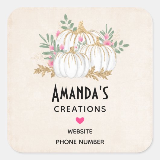 White and Gold Pumpkins Watercolor Business Quadratischer Aufkleber (Vorderseite)