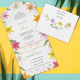 White and Gold Tropical Lily Wedding All In One Einladung