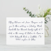 White and Navy Blue Handwriting Style Wedding Einladung (Stehend Vorderseite)