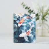 White and Orange Koi Fish Swirling in Lotus Pond Postkarte (Stehend Vorderseite)