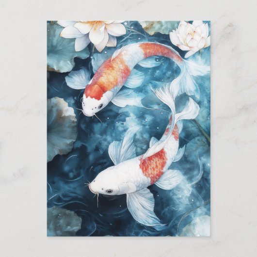 White and Orange Koi Fish Swirling in Lotus Pond Postkarte (Vorderseite)
