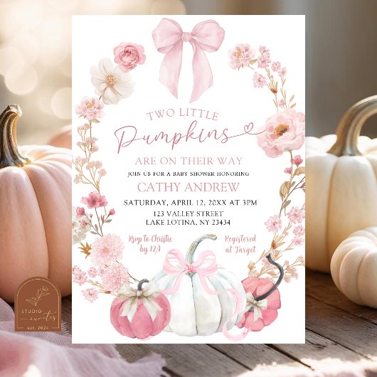 White and Pink Bow Coquette Twins Pumpkin Floral Einladung
