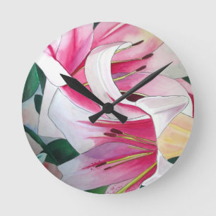White and Pink Lily flower watercolor original art Runde Wanduhr