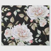 White and Pink Watercolor Roses  Black Background Geschenkpapier (Flach)