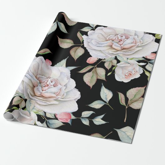 White and Pink Watercolor Roses  Black Background Geschenkpapier (Ungerollt)