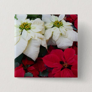 White and Red Poinsettias II Weihnachtsfeiertage Button