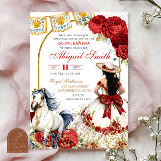 White and Red Rose Charra Quinceanera Invitation Einladung