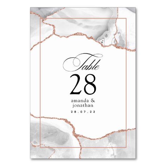 White and Rose Gold Agate Wedding Tischnummer (Vorderseite)
