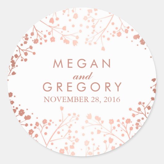 White and Rose Gold Gipskraut Hochzeit Runder Aufkleber (Vorderseite)