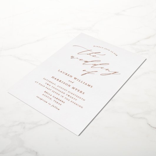 White and Rose Gold Script Foto Hochzeit Folieneinladung (Gedreht)