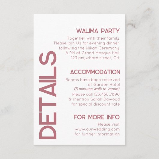 White and Rose Gold Typografy Wedding Details Begleitkarte (Vorderseite)