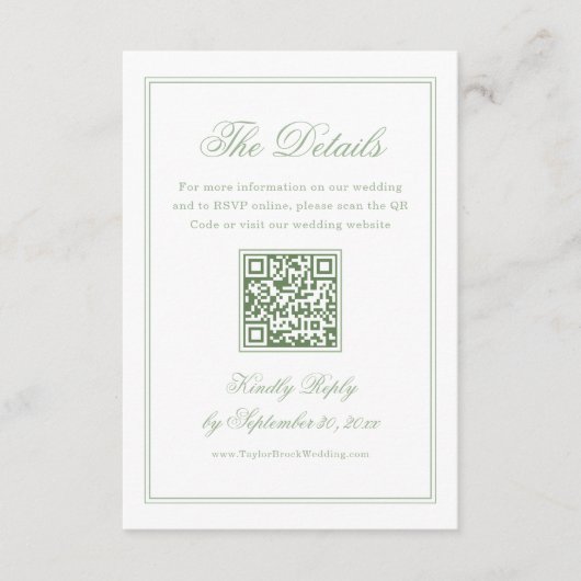 White and Sage Green Wedding Details Qr Code Begleitkarte (Vorderseite)