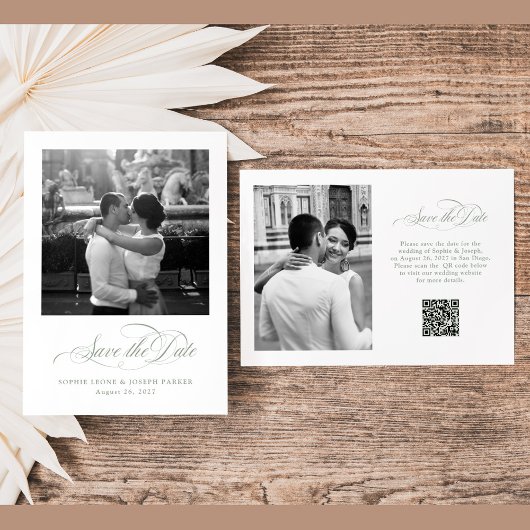 White and Sage Italian Elegance Two Foto QR Code Save The Date