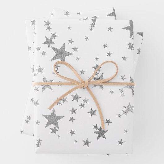 White and Silver Celestial Star Wrapping Paper Geschenkpapier Set (Beispiel)
