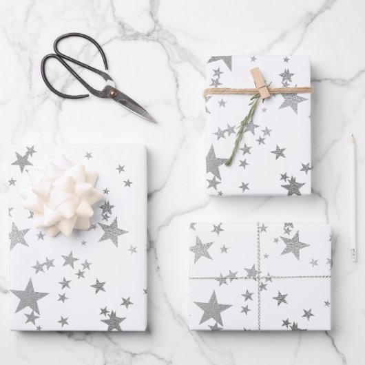 White and Silver Celestial Star Wrapping Paper Geschenkpapier Set (Vorderseite)