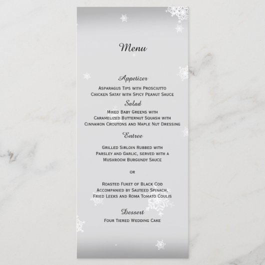 White and Silver Snowflake Wedding Menu Menükarte (Vorderseite)