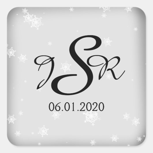 White and Silver Snowflake Wedding Monogram Quadratischer Aufkleber (Vorderseite)